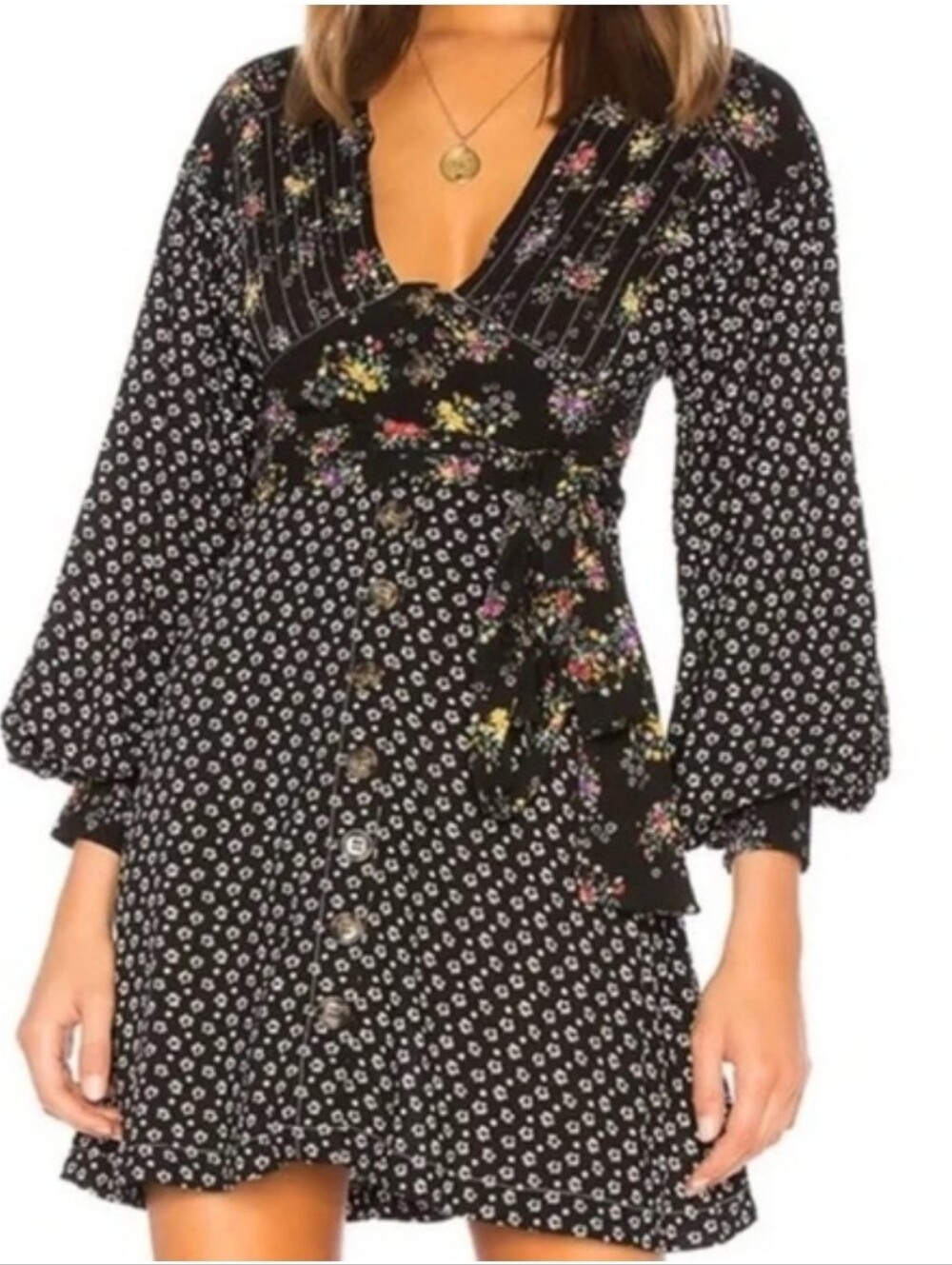 Free People Wonderland Black Floral Puff Sleeve Button Up Dress